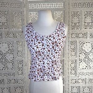 Vtg 80's 90's Cottage Floral Tank Top Faux Buttons Sz L Fits M Hearts Coquette